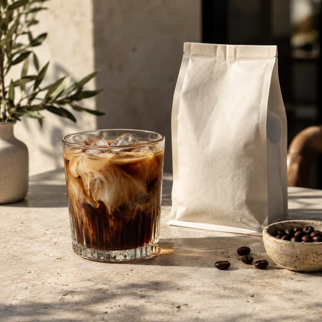 Fictional example post image: a glass of iced coffee beside a paper bag